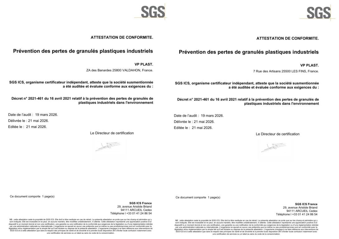 VP Plast obtient l'attestation GPI 